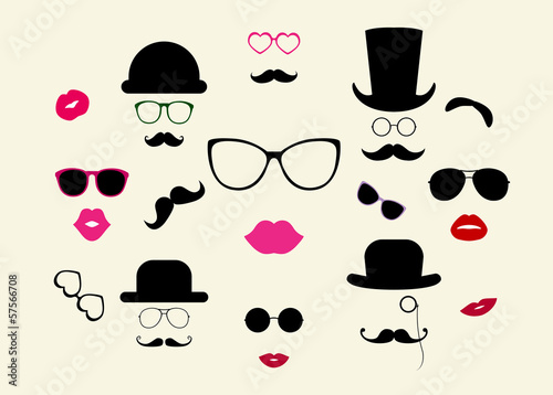 Obraz na plátně Hats, Moustaches, Eyeglasses, Lips Vector Icon Set