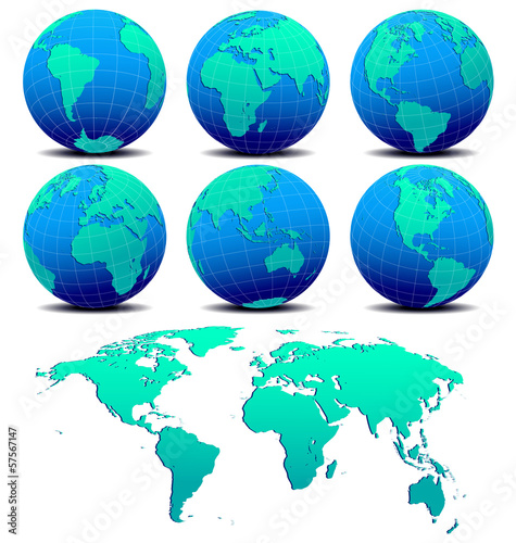 Six Global Worlds and World Map - SET ONE - Vector Map of the Wo