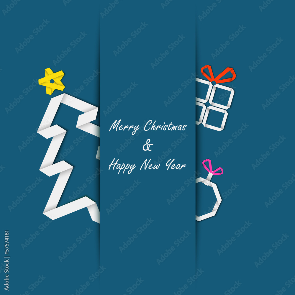 Christmas card with a paper tree on a blue background