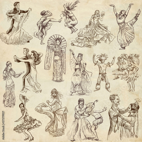 Dancing people around the World 1 - hand drawings on old paper