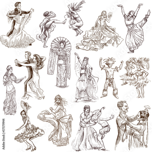 Dancing people around the World 1 - hand drawings