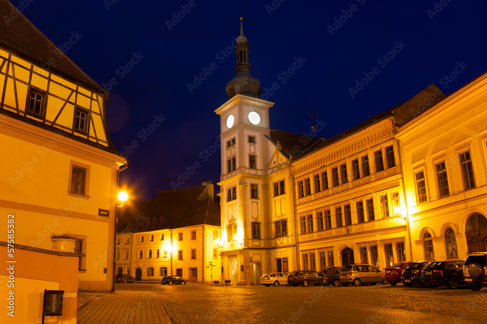 Loket main square and church at night