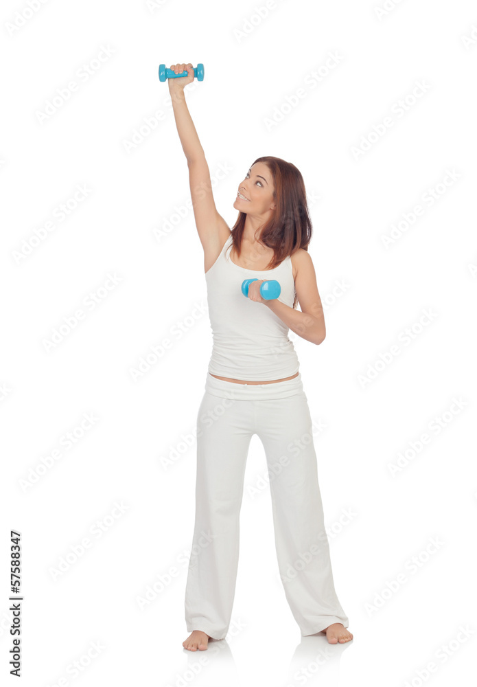 Happy girl in white toning her muscles Happy girl in white toning her muscles