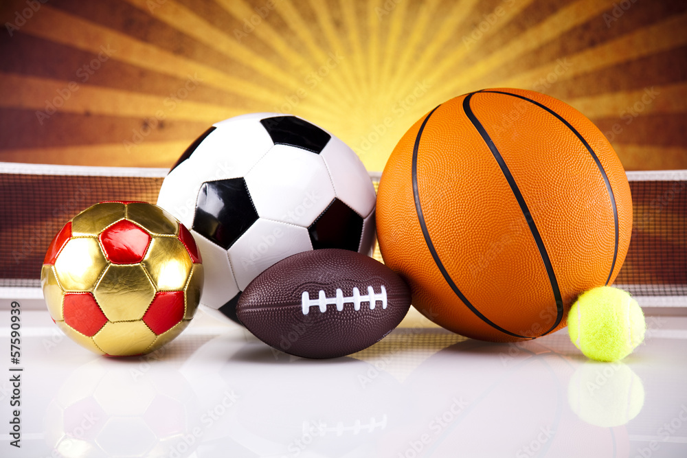 Assorted sports equipment and sunset Assorted sports equipment and sunset