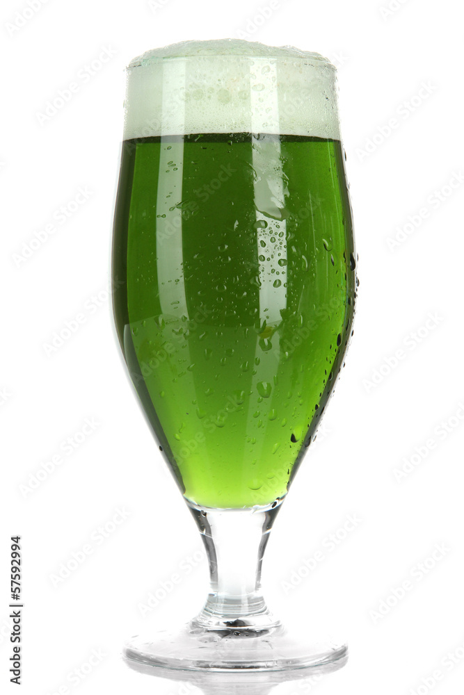 Glass of green beer and hops, isolated on white Glass of green beer and hops, isolated on white