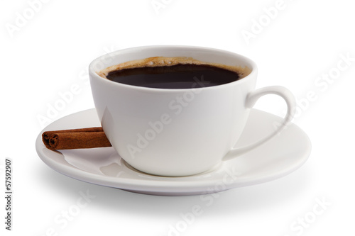 coffee with cinnamon in a white cup on a white background