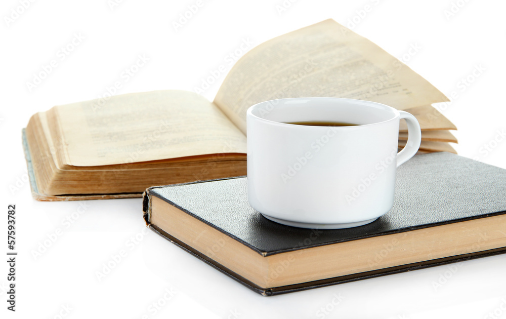 Cup of coffee and books isolated on white Cup of coffee and books isolated on white