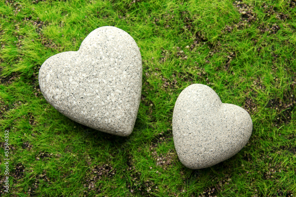 Obraz premium Grey stones in shape of heart, on grass background