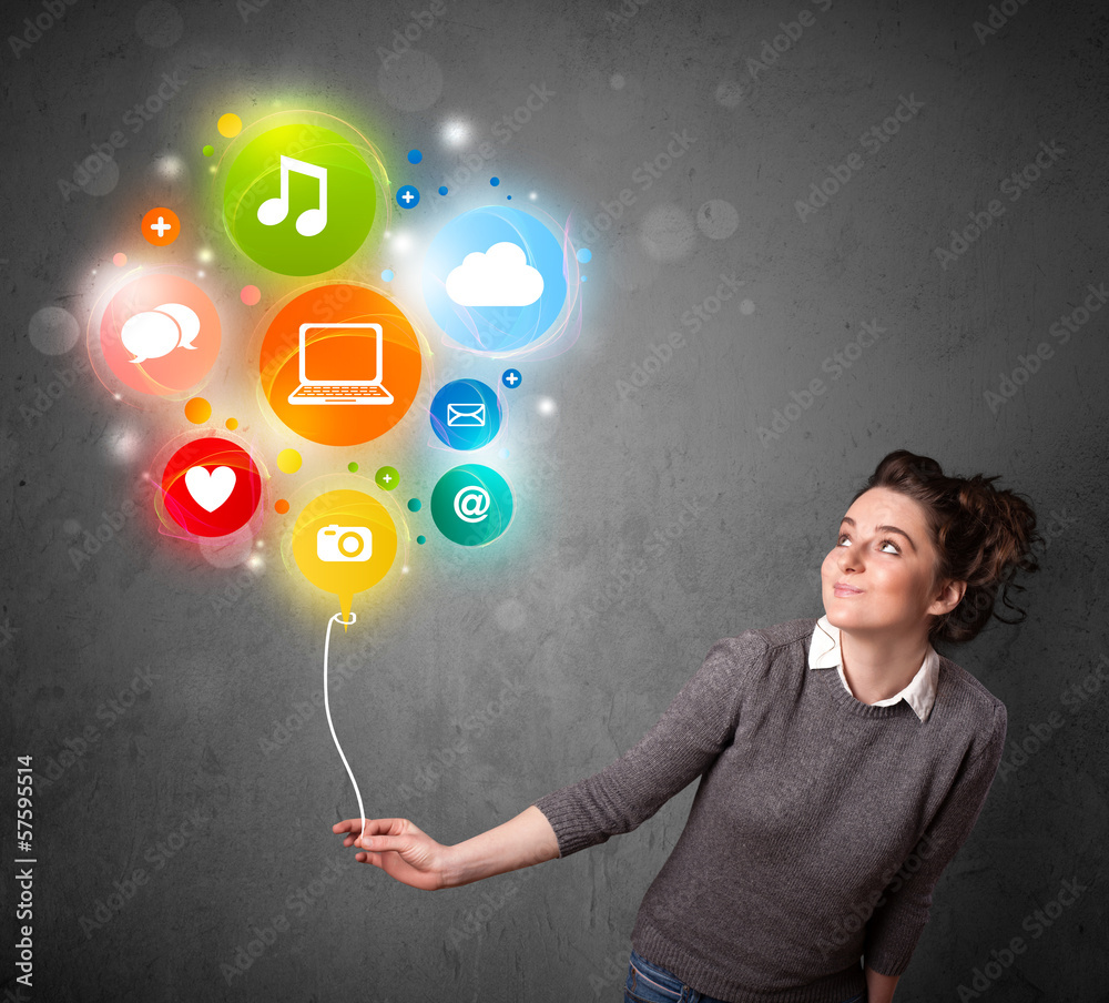 Woman holding social media balloon Woman holding social media balloon