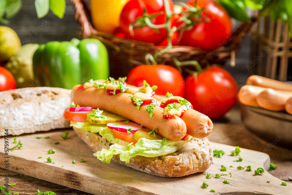Homemade hot dog with two sausages Homemade hot dog with two sausages