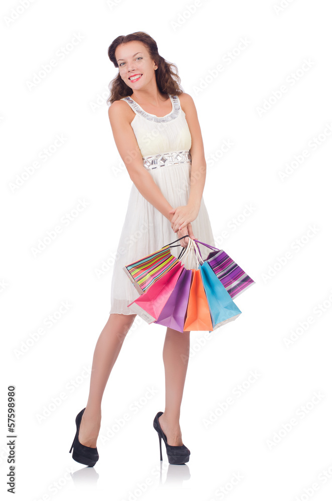 Girl after good shopping on white Girl after good shopping on white