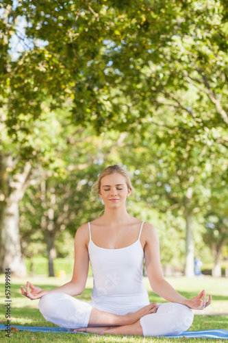 Calm woman sitting meditating on an exercise mat