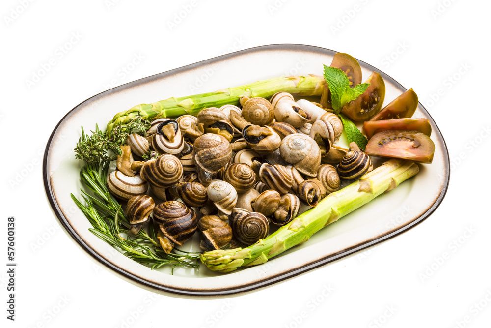 Escargot with asparagus, rosemary, thymus and tomato Escargot with asparagus, rosemary, thymus and tomato