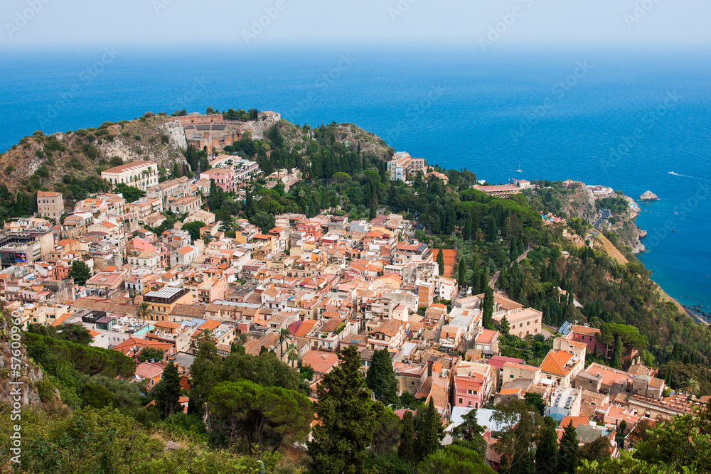 Aerial view of the Taormina city, Sicily island, Italy