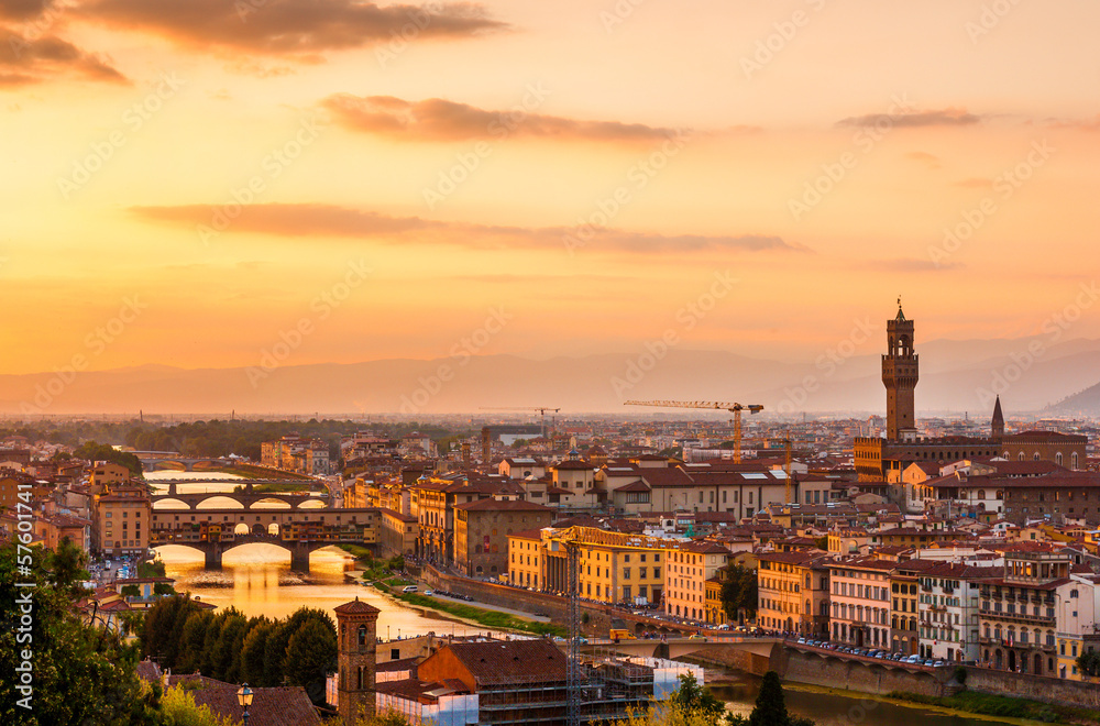 Golden sunset over the river Arno, Florence, Italy