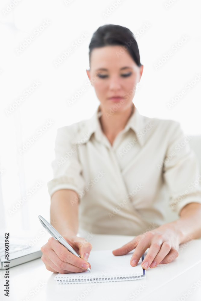 Beautiful young businesswoman writing notes by laptop Beautiful young businesswoman writing notes by laptop