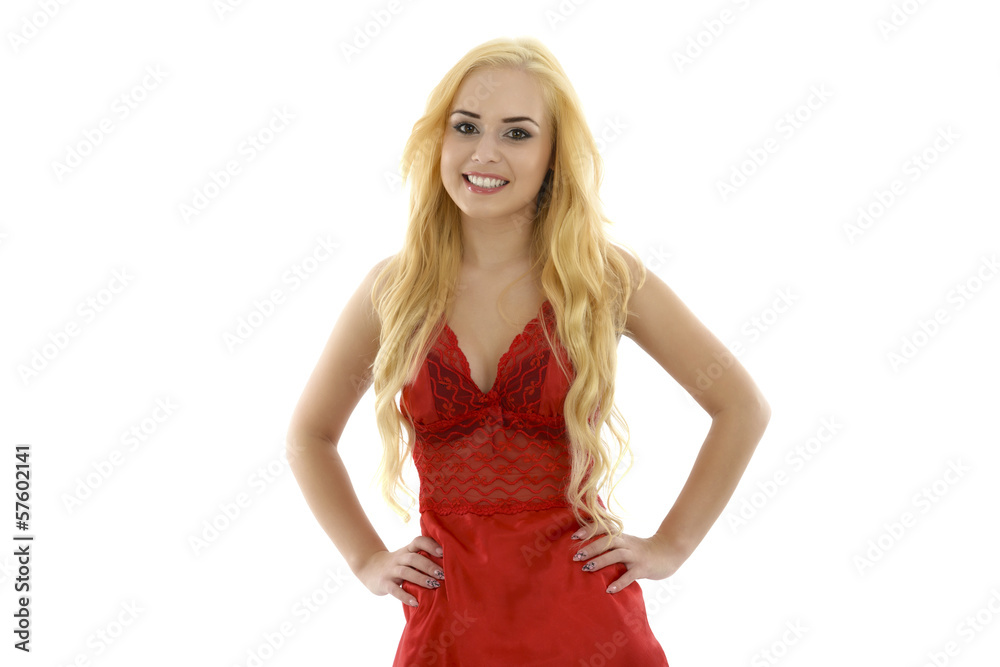 cute and sexy blonde girl in red lingerie