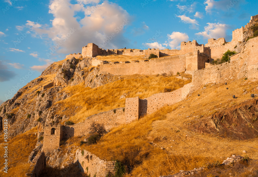 Old fortress, Acrocorinth,  of ancient Corinth at sunset, Greece