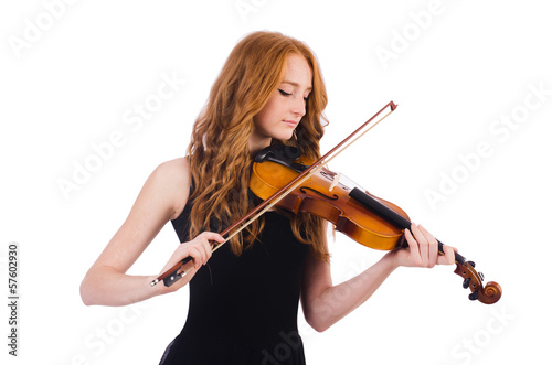 Woman with violin isolated on white