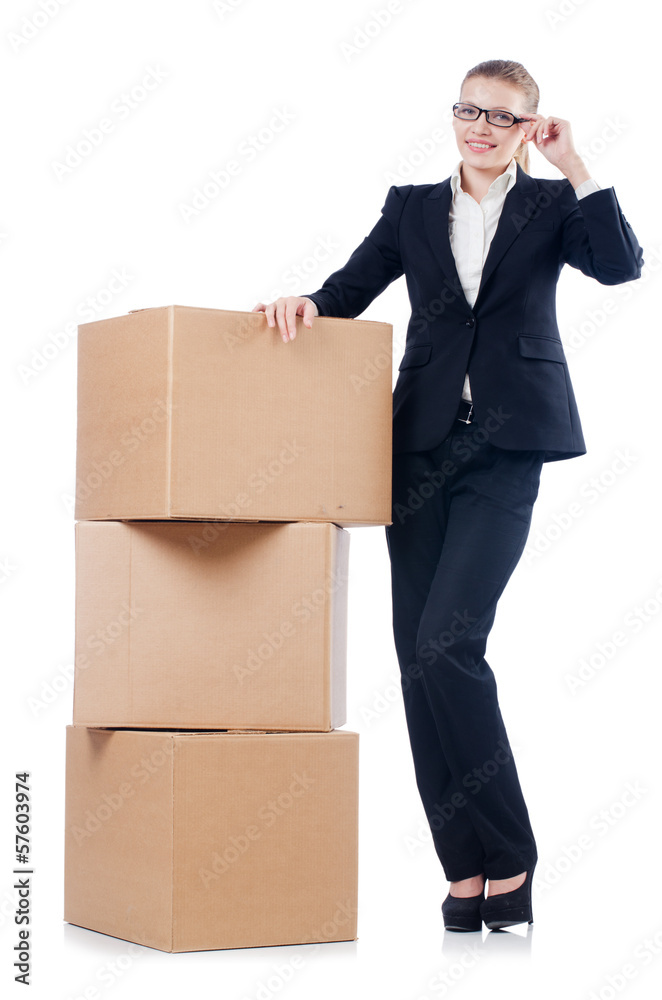 Woman businesswoman with boxes on white Woman businesswoman with boxes on white
