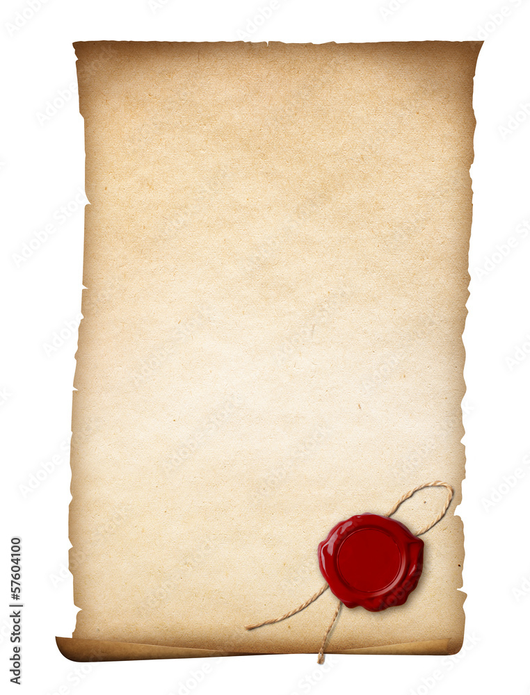 parchment or old paper with wax seal isolated - obrazy, fototapety, plakaty 