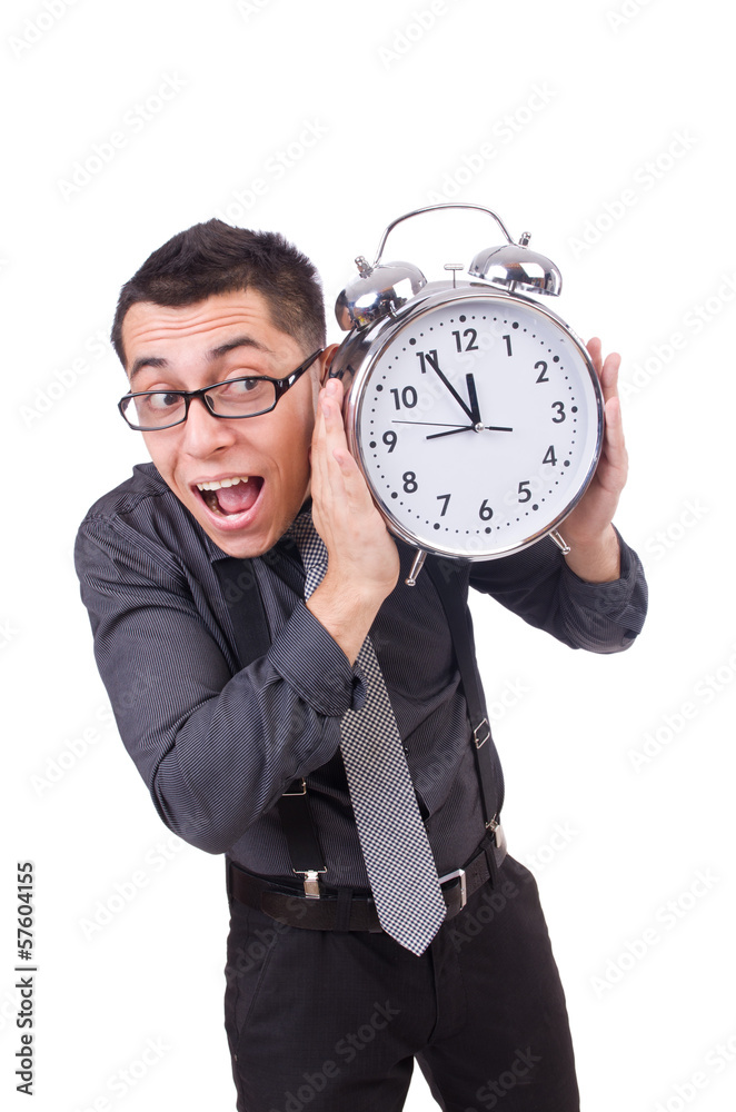 Funny businessman with clock isolated on white Funny businessman with clock isolated on white