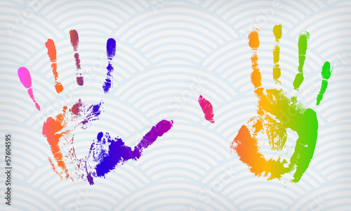 Colorful hand imprints on a waved background