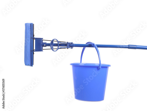 Blue bucket on mop with sponge.