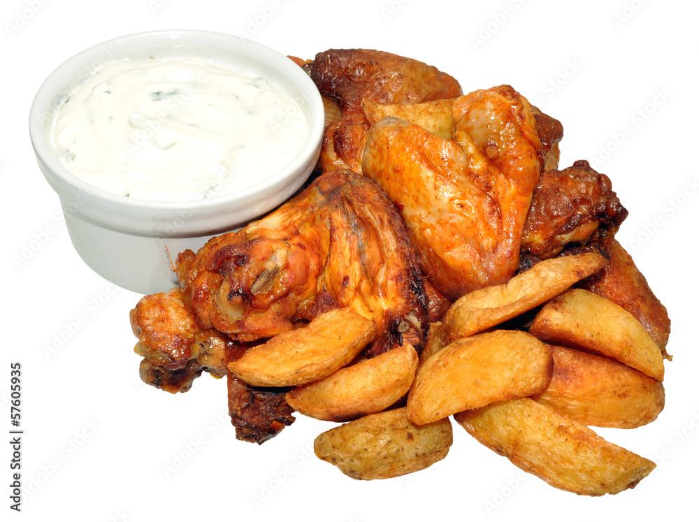 Cooked Chicken Wings And Potato Wedges With Sour Cream Dip Cooked Chicken Wings And Potato Wedges With Sour Cream Dip