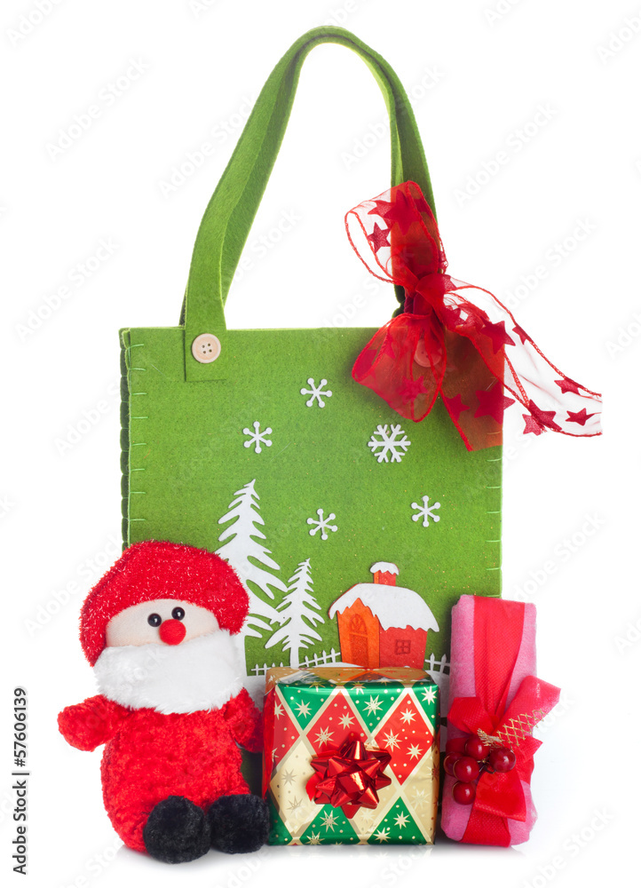 Cloth bag with Christmas decorations and gifts boxes Cloth bag with Christmas decorations and gifts boxes
