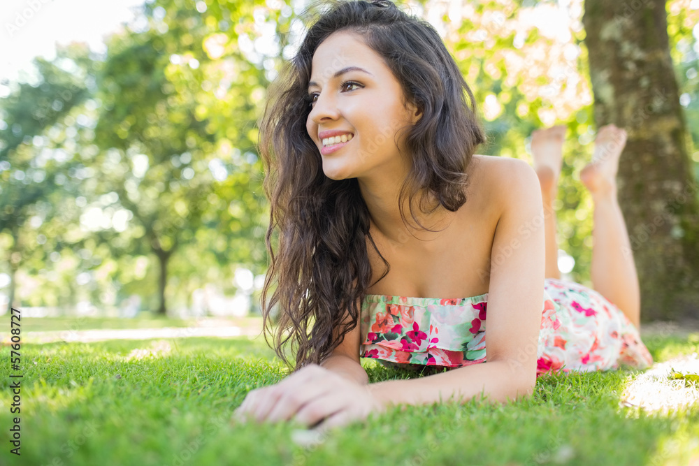 Stylish cheerful brunette lying on a lawn looking away Stylish cheerful brunette lying on a lawn looking away