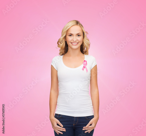woman with pink cancer awareness ribbon