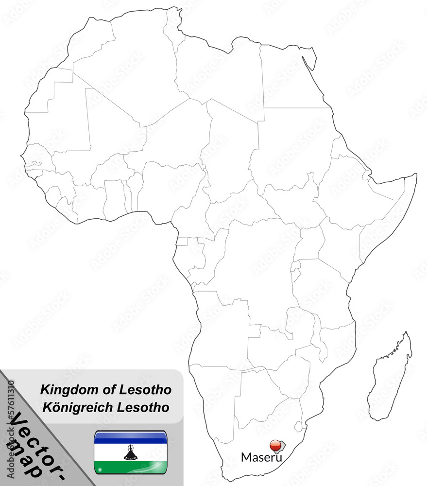 Inselkarte von Lesotho mit Hauptstädten in Grau