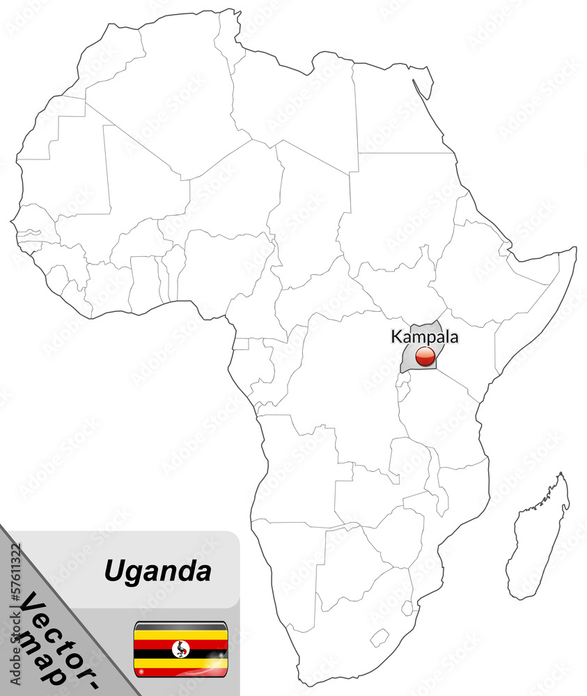 Inselkarte von Uganda mit Hauptstädten in Grau