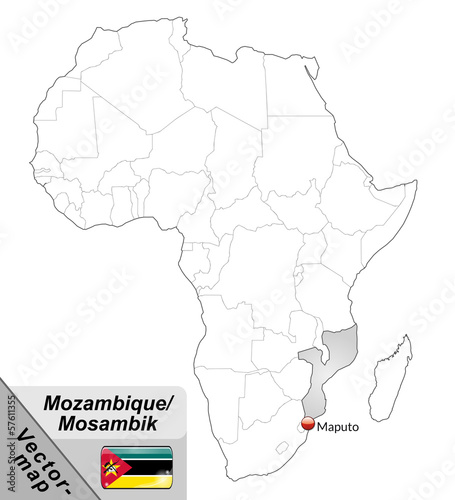 Inselkarte von Mosambik mit Hauptstädten in Grau