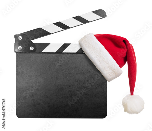 Tela Clapper board with Santa's hat on it isolated on white