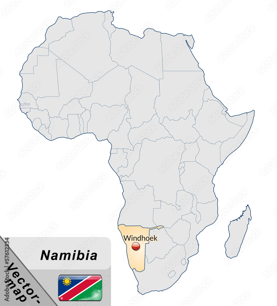 Inselkarte von Namibia mit Hauptstädten in Pastelorange