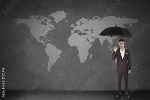 men over world map with umbrella