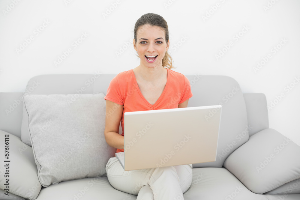 Cute casual woman using her notebook sitting on couch Cute casual woman using her notebook sitting on couch