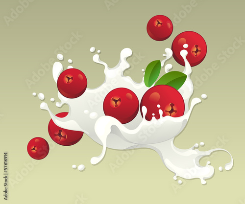 Milk splash with cranberries on light background.