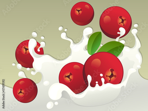 Milk splash with cranberries on light background.
