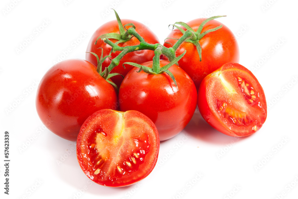 Closeup of tomatoes on the vine isolated on white. Tomato branch Closeup of tomatoes on the vine isolated on white. Tomato branch