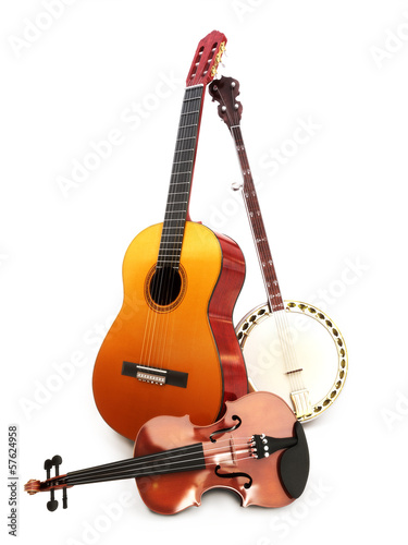 Stringed music instruments on a white background