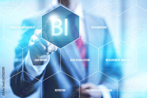 Business intelligence concept man pressing selecting BI