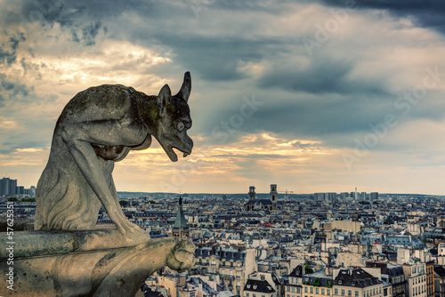 Gargoyle of Notre Dame de Paris overlooking city, Paris, France