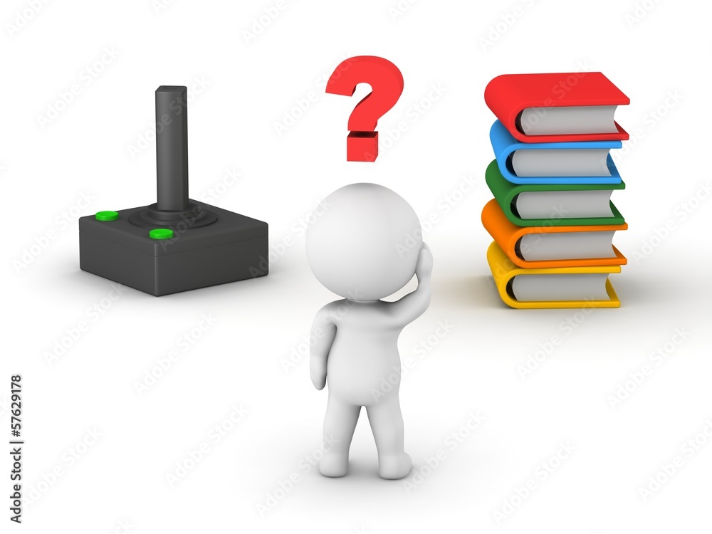 3D Man choice between video games and books 3D Man choice between video games and books