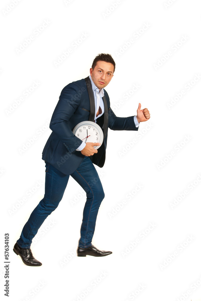 Business man with clock in a rush Business man with clock in a rush