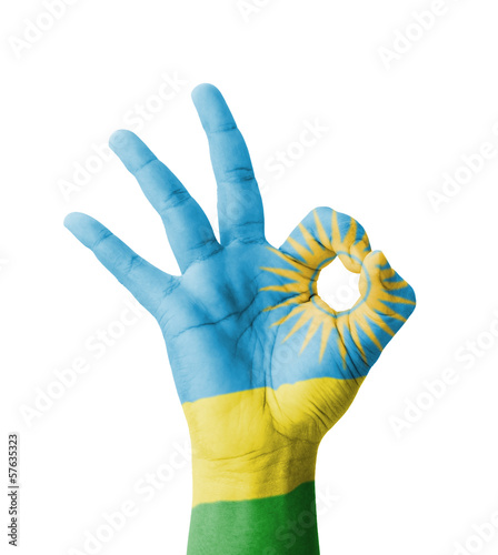 Hand making Ok sign, Rwanda flag painted