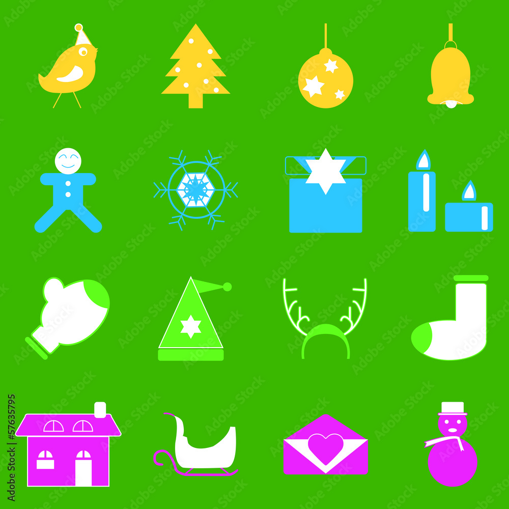 Christmas colorful icons on green background