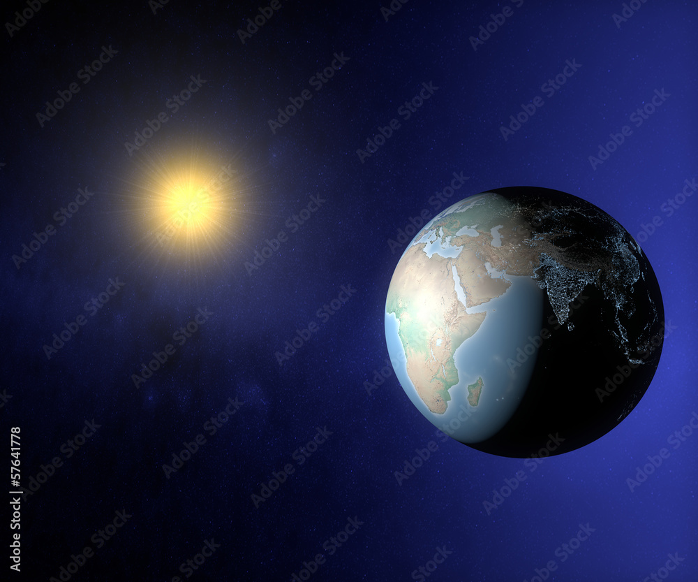 Fototapeta premium Mondo terra sole globo India Asia Africa Europa luci città